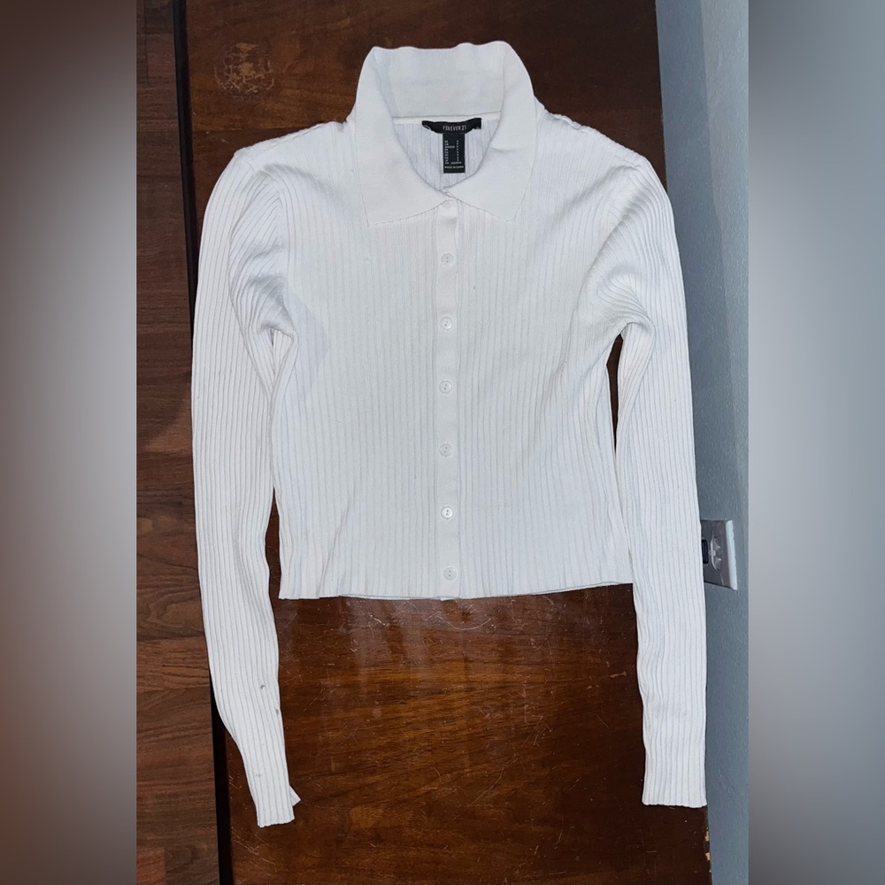 Forever 21 White Button up Top with Long sleeves and Polo collar